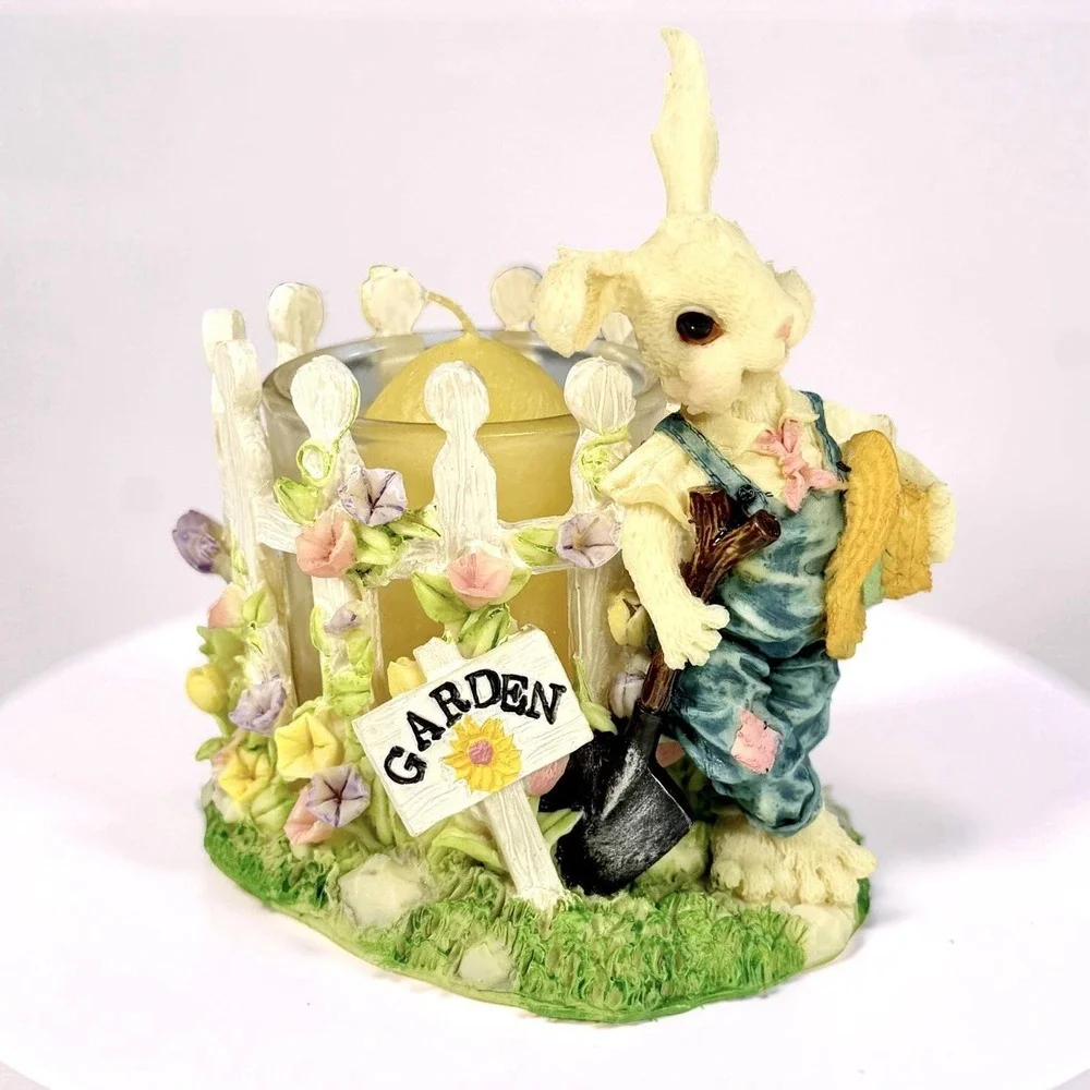 VTG Bunny Rabbit Easter‎ Garden Candle Holder Picket Fence Flowers Spring 4 1/2